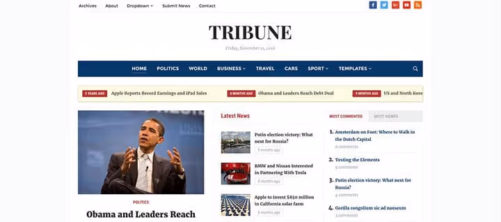 Temat Tribune, klasyczny motyw informacyjny WordPress