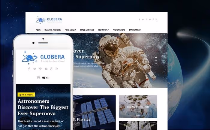 Тема Globera, строгий медіа-дизайн з акцентом на типографіку для новинного порталу