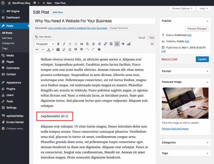 Wstawianie shortcode'a wpDataTables do treści strony
