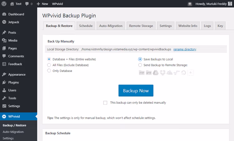 WPvivid Plugin Hauptbedienfeld