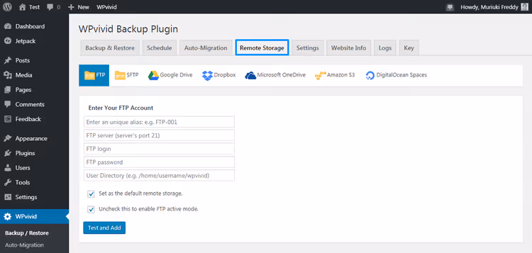 Konfiguration des Remote-Speichers für WPvivid-Backups