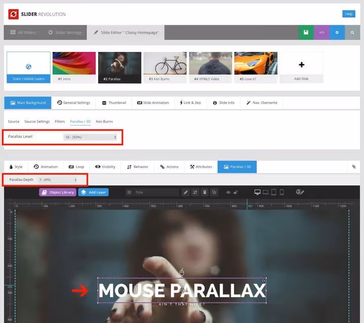 Parallaksi seadistamine Slider Revolutioni slaidiesitluses WordPressile
