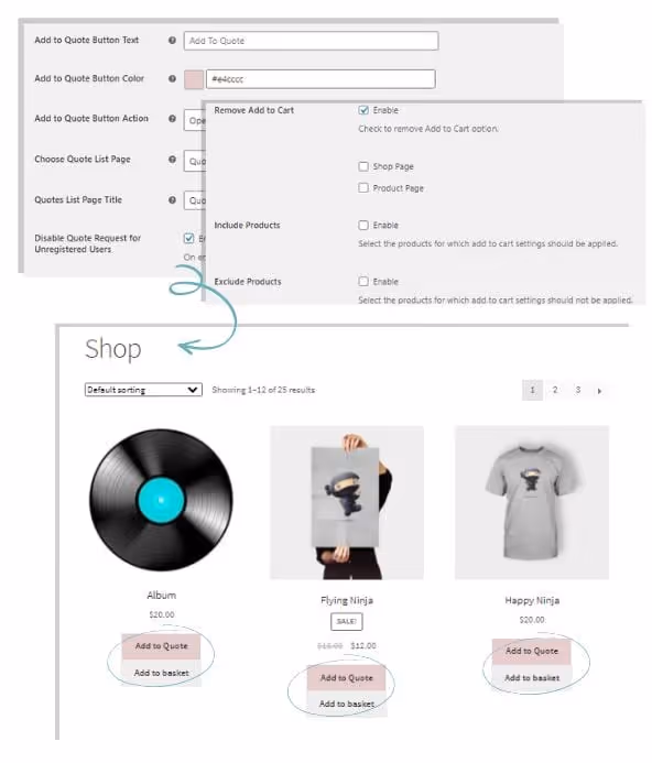 Réglages d'affichage de la liste de produits du panier de devis ELEX