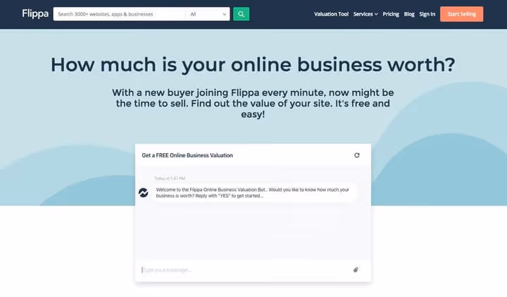 Painel da plataforma Flippa a mostrar um anúncio de site vendido