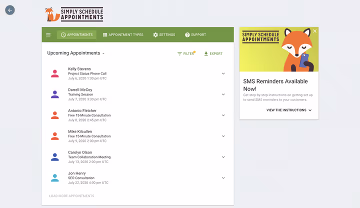 Panel de gestión de citas en el administrador de Simply Schedule Appointments