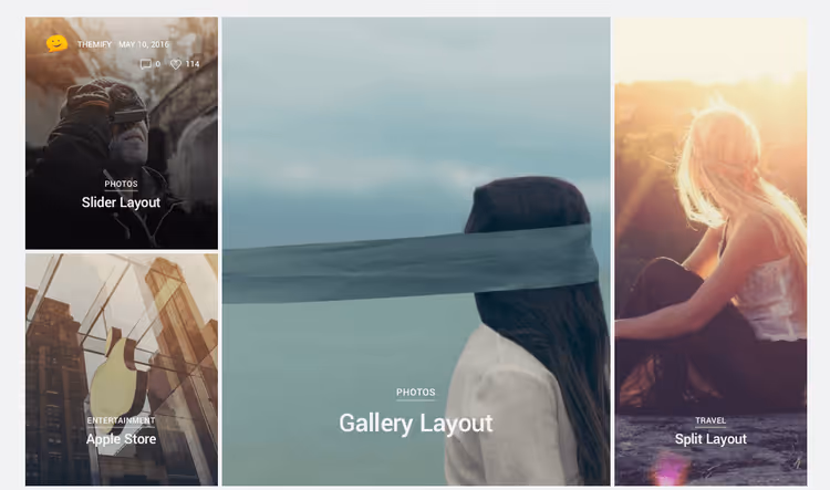 Peak tema rutenettoppsett med mursteinsfliser, moderne WordPress galleritema