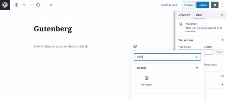 Valg av Instagram-blokk i Gutenberg-redigeringsverktøyet
