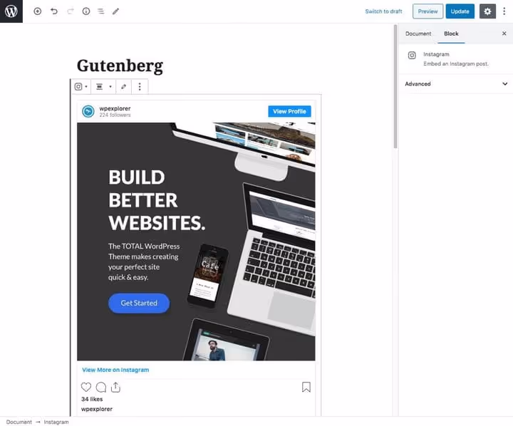 Visning av innebygd Instagram-innlegg i Gutenberg-redigeringsverktøyet