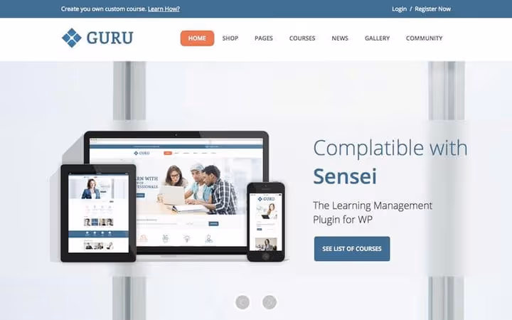 Tema educativo clean Guru com Sensei e WooCommerce
