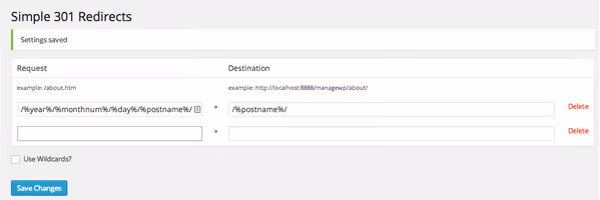 Simple 301 Redirects plugin päringu ja sihtkoha väljadega