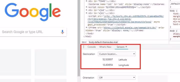 Sensors panel in Chrome DevTools with latitude and longitude fields