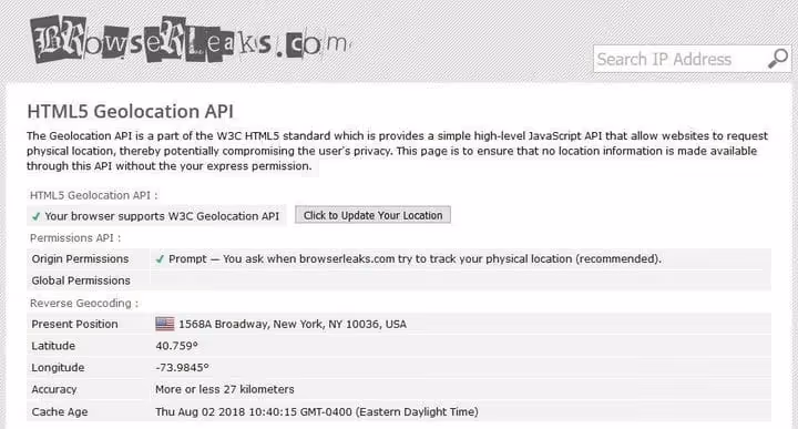 BrowserLeaks geolocation check result, Times Square coordinates