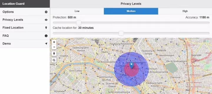 Location Guard settings, privacy level selection and fixed location