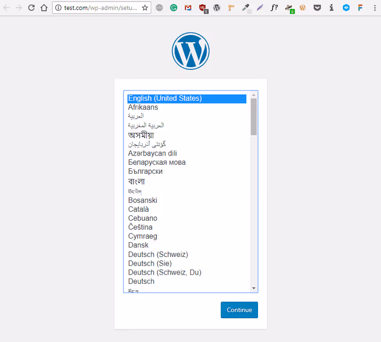 Språkvalgskjerm under WordPress-installasjon