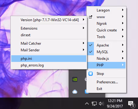 PHP-undermeny med versjoner og innstillinger