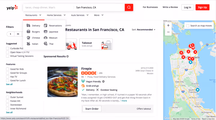 Мегаменю сайта Yelp с категориями услуг и заведений