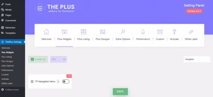Активация виджета TP Navigation Menu в настройках The Plus Addons