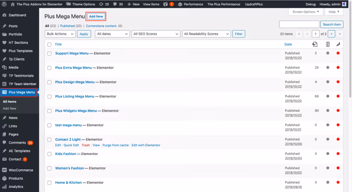 Создание нового шаблона мегаменю через Plus Mega Menu в панели WordPress