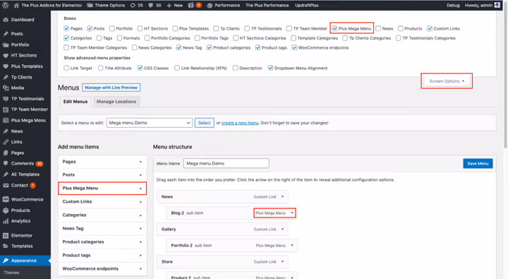 Включение отображения Plus Mega Menu через настройки экрана в меню WordPress