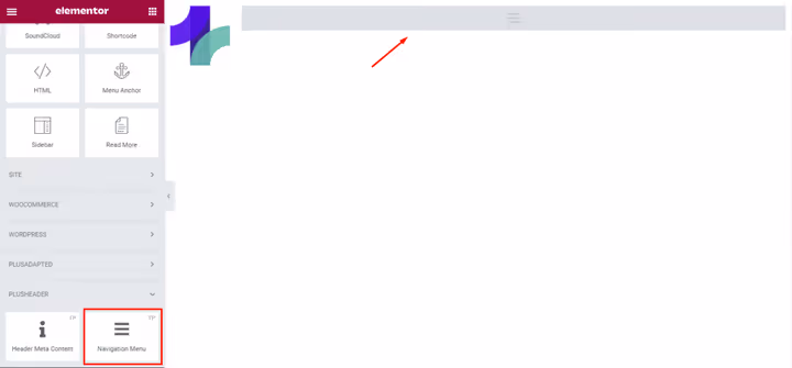 Добавление виджета TP Navigation Menu в шаблон заголовка через Elementor Theme Builder