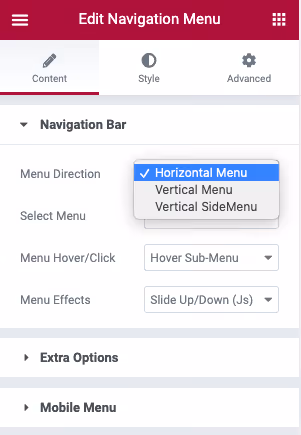 Выбор направления меню в настройках виджета Navigation Menu