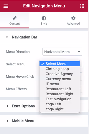 Выбор меню сайта в настройках виджета Navigation Menu из выпадающего списка