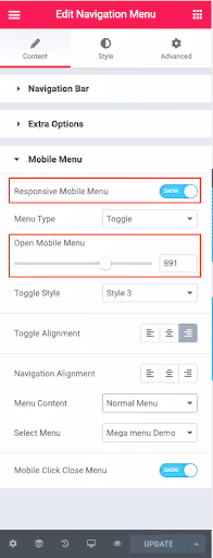Настройка адаптивного мобильного меню в виджете TP Navigation Menu