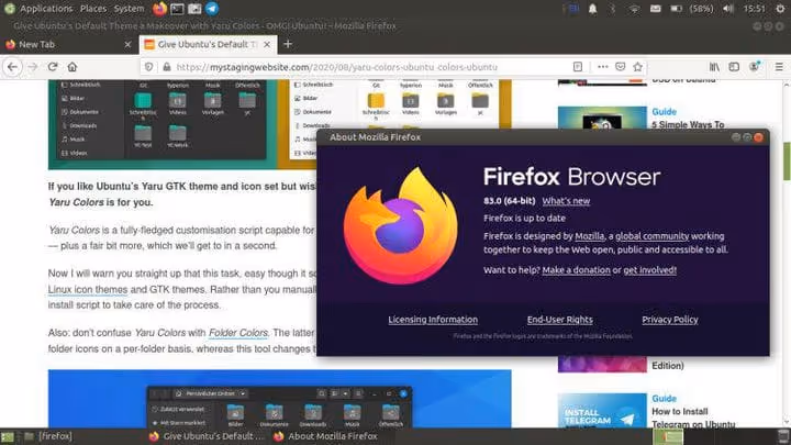 Mozilla Firefox-nettleser med startside åpen på Linux