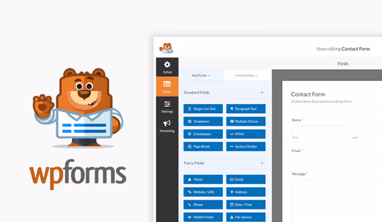 WPForms builder with drag-and-drop editor and field panel on the left