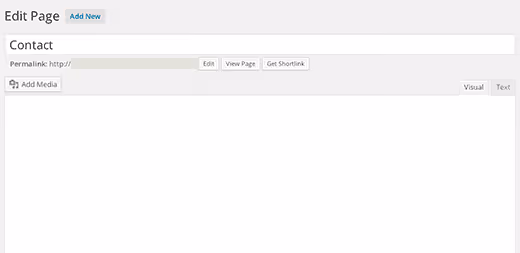 Editor visuale WordPress vuoto con testo bianco e nessun pulsante
