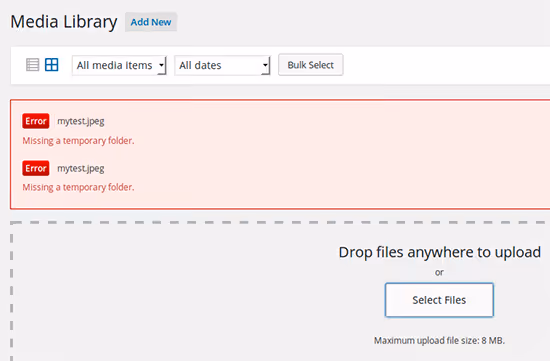 Errore cartella temporanea mancante durante upload file in WordPress