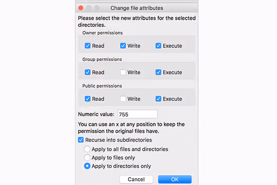 Impostazione permessi file e cartelle WordPress tramite FTP