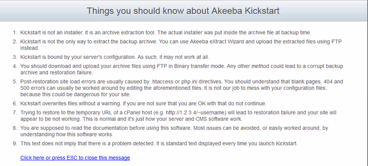 Akeeba Kickstart start screen with warning