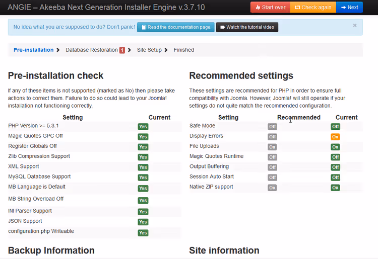 ANGIE preliminary check screen in Akeeba Kickstart