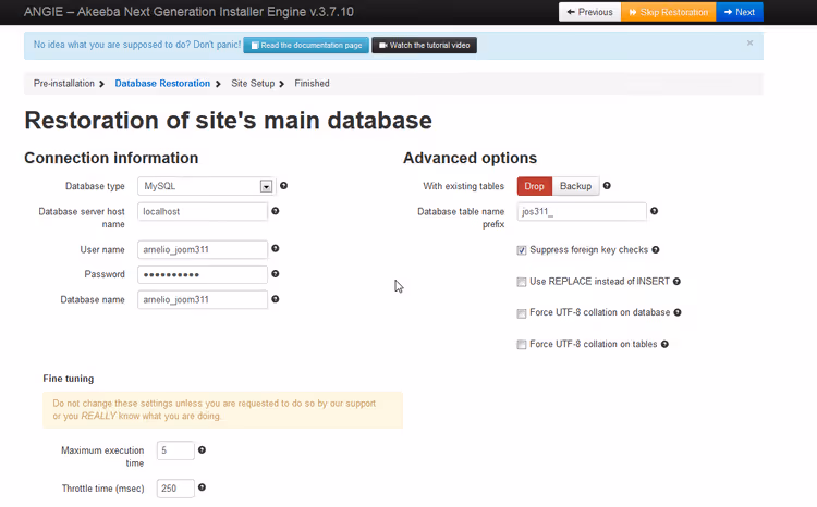 Database restoration screen in Akeeba Kickstart