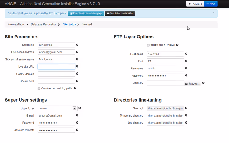 Site settings screen, paths, email, timezone