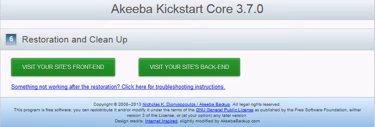 Final screen, Akeeba Kickstart restoration complete