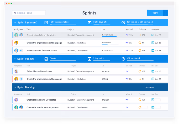 Sprintvy i Hubstaff Tasks med uppgifter