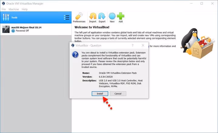 Installazione del VirtualBox Extension Pack su Windows