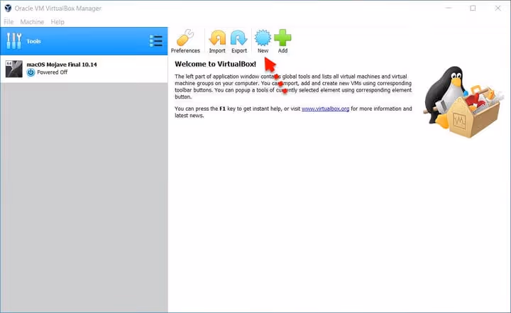 Pulsante Nuova nella finestra principale di VirtualBox