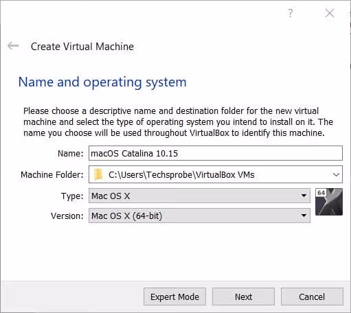 Selezione del nome e del tipo di sistema operativo Mac OS X a 64 bit