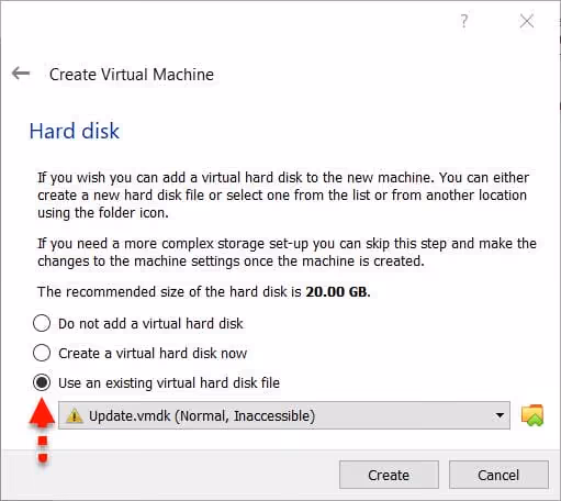 Collegamento di un file disco rigido virtuale VMDK esistente