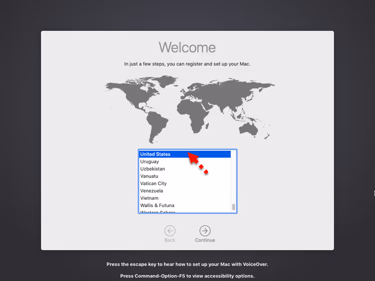 Schermata di selezione della lingua e della regione durante l'installazione di macOS Catalina