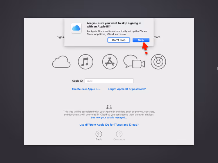 Accesso con ID Apple o salto di questo passaggio durante l'installazione di macOS