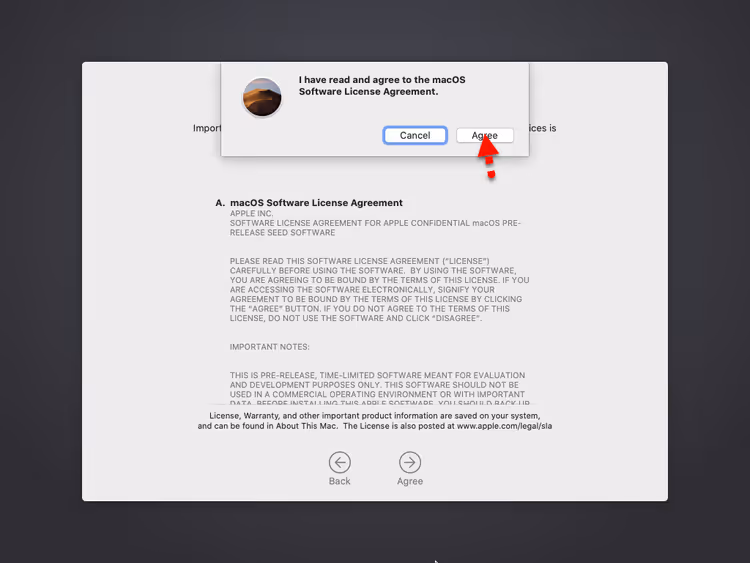 Accettazione del contratto di licenza di macOS Catalina