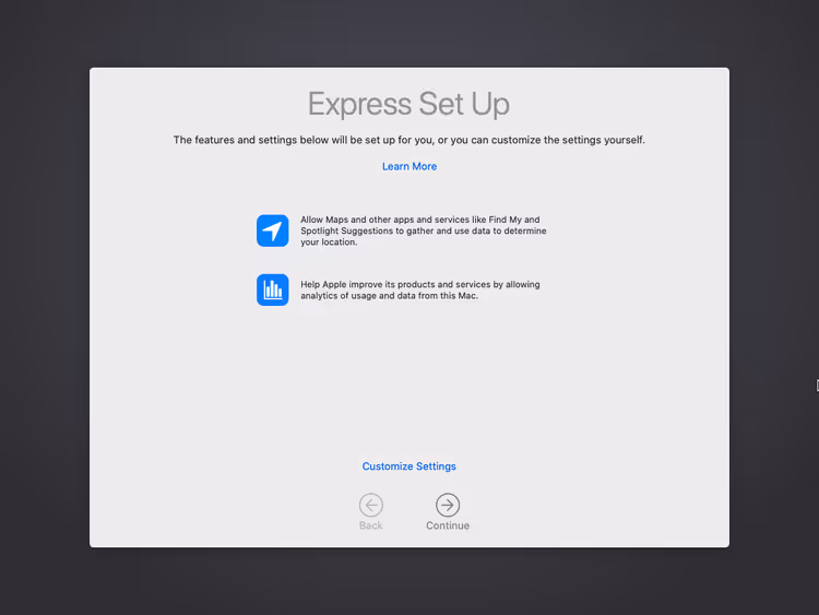 Schermata di configurazione rapida per le impostazioni di macOS Catalina