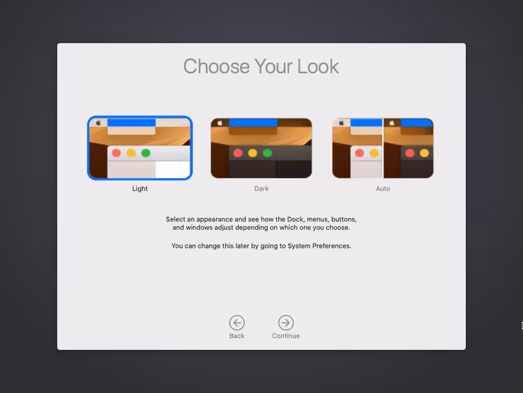 Scelta del tema di macOS Catalina: chiaro, scuro o automatico