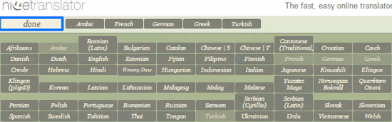 Liste over tilgjengelige språk i Nice Translator