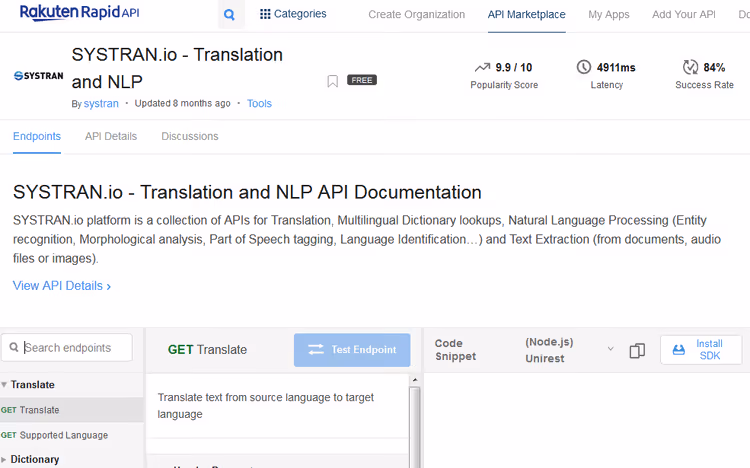 SYSTRAN Translate'i liides dokumentatsiooni ja koodinäidetega