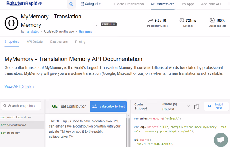 MyMemory API paneel ettevõttelt Translated koos tõlkeotsingu tulemustega